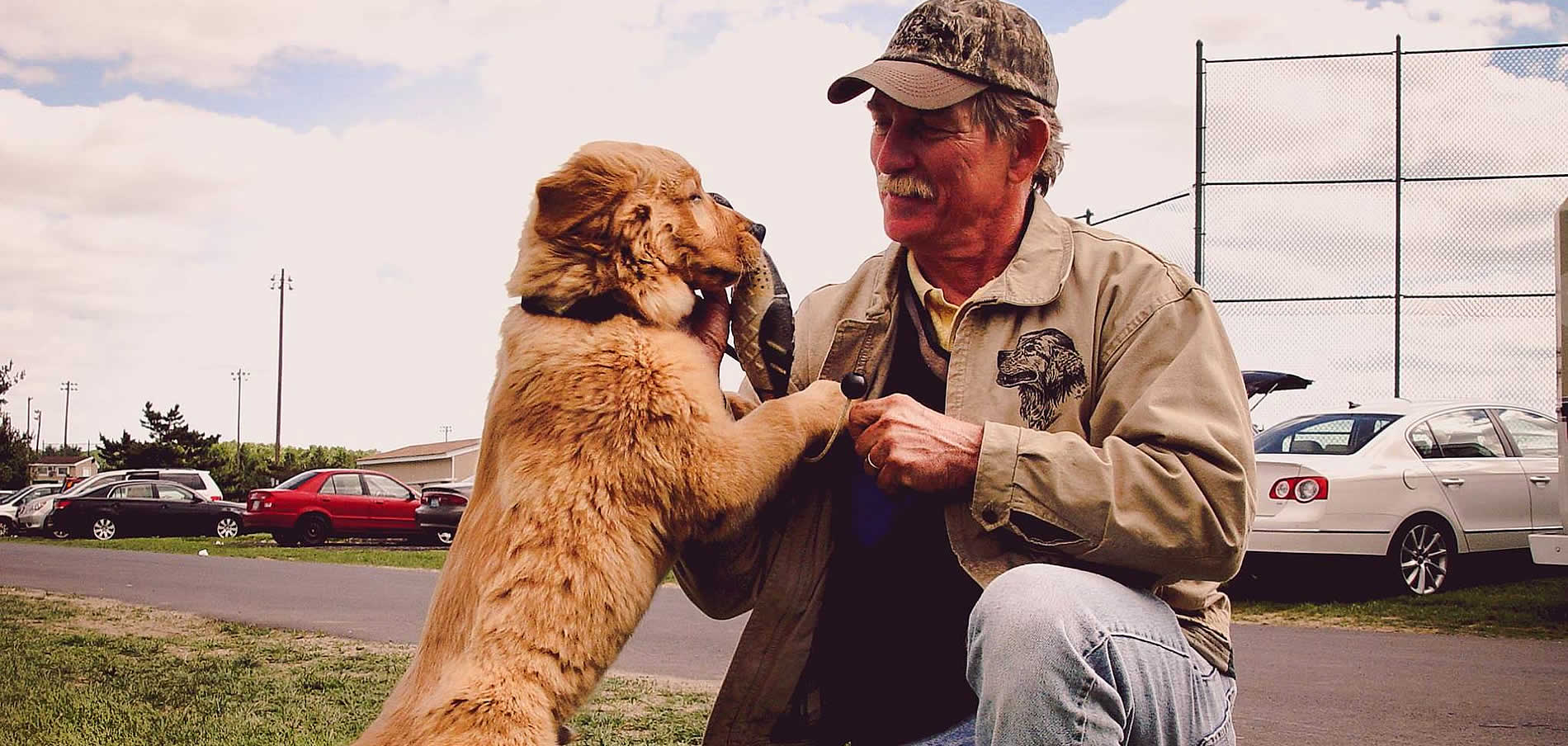Young Golden Retriever on two legs leaning on Male owner