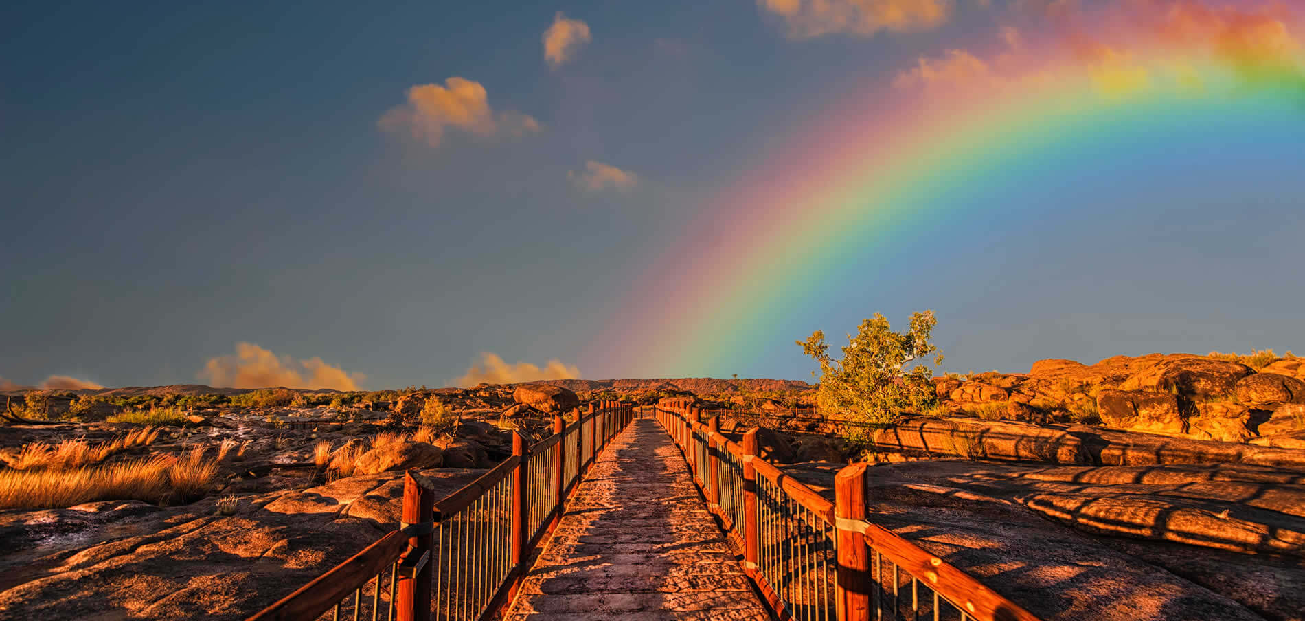 Rainbow over wooden bridge in dessert